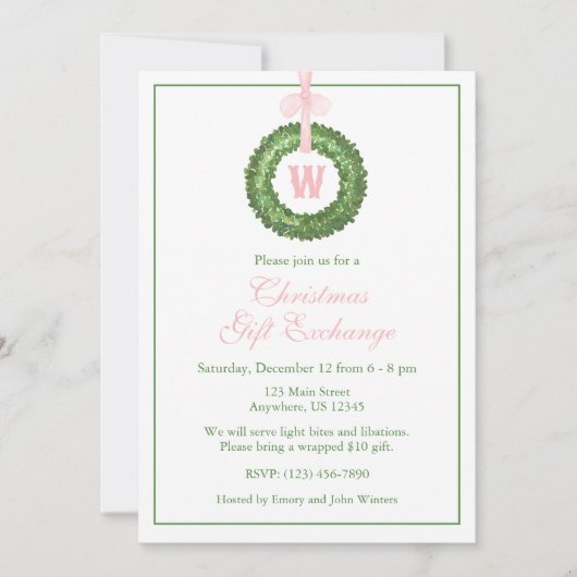 Invitation Pink Bow Sash Noël Monogramme Wreath Party (Devant)