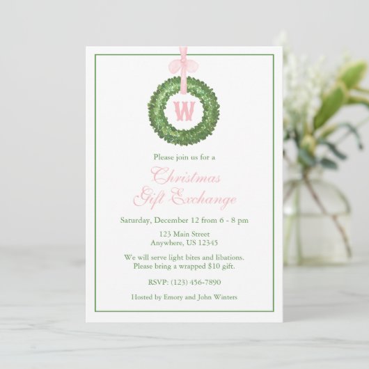 Invitation Pink Bow Sash Noël Monogramme Wreath Party (Debout devant)