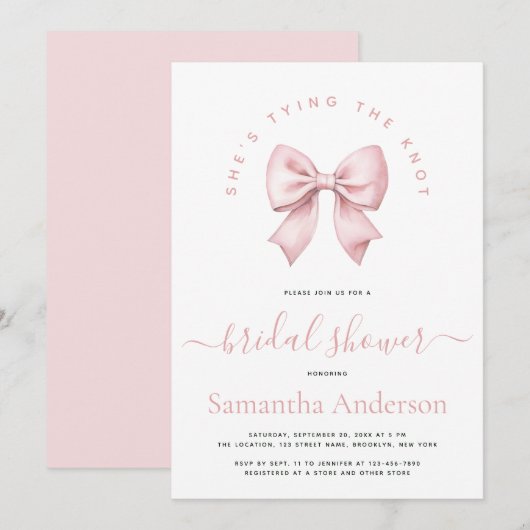 Invitation Pink Bow She's Tying the Knot Bridal Shower (Devant / Derrière)