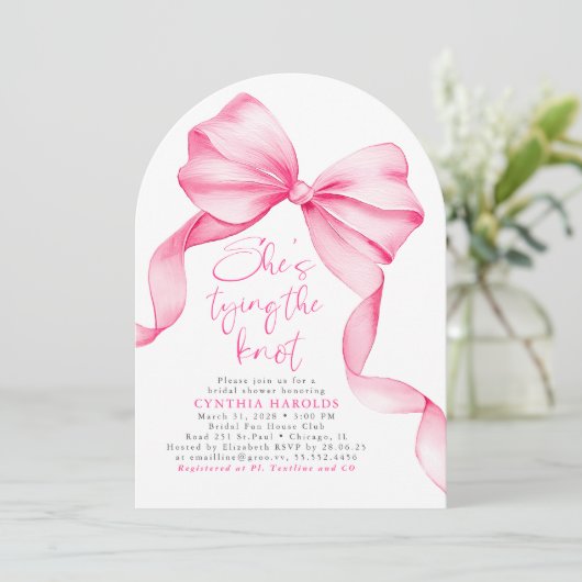 Invitation Pink Bow She's Tying the Knot Bridal Shower Photo (Debout devant)