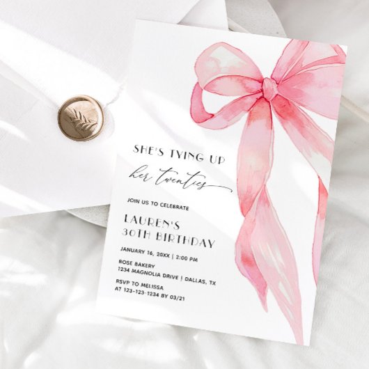 Invitation Pink Bow She's Tying Up Her Twenties 30th Birthday