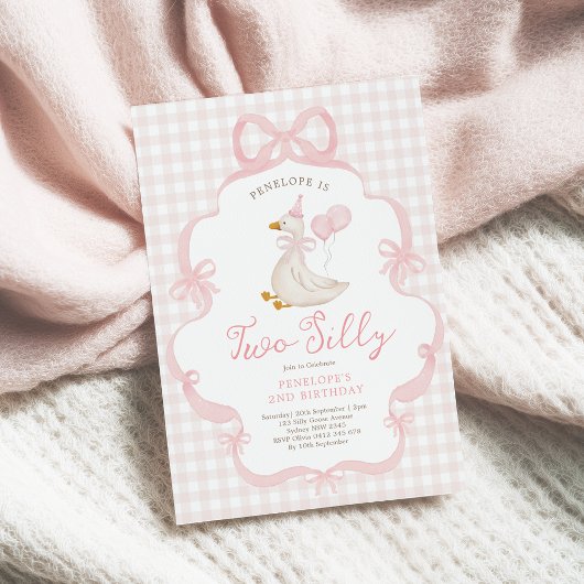 Invitation Pink Bow Silly Goose Balloon Girl 2nd Birthday