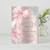 Invitation Pink Bow Silver Glitter Drips Rose Gold Sweet 16 (Debout devant)