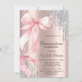Invitation Pink Bow Silver Glitter Drips Rose GoldQuinceañera