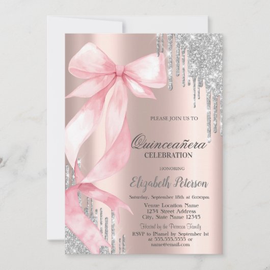 Invitation Pink Bow Silver Glitter Drips Rose GoldQuinceañera (Devant)