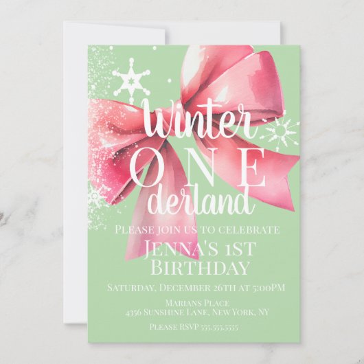 Invitation Pink Bow Snowflake Snow Script First Birthday  (Devant)
