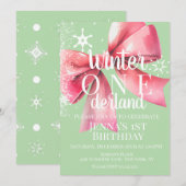 Invitation Pink Bow Snowflake Snow Script First Birthday  (Devant / Derrière)