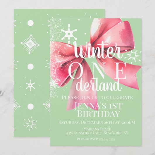 Invitation Pink Bow Snowflake Snow Script First Birthday  (Devant / Derrière)
