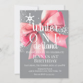 Invitation Pink Bow Snowflake Snow Script First Birthday B (Devant)