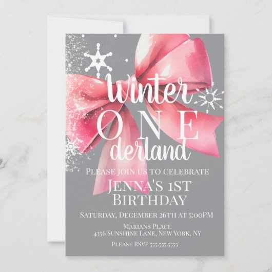 Invitation Pink Bow Snowflake Snow Script First Birthday B (Devant)