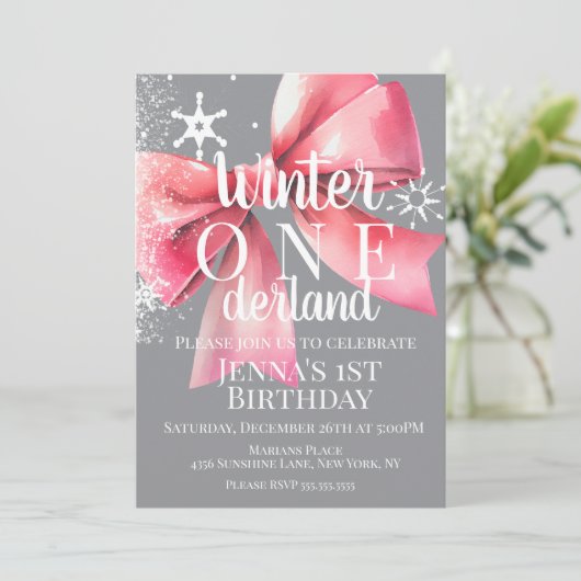 Invitation Pink Bow Snowflake Snow Script First Birthday B (Debout devant)