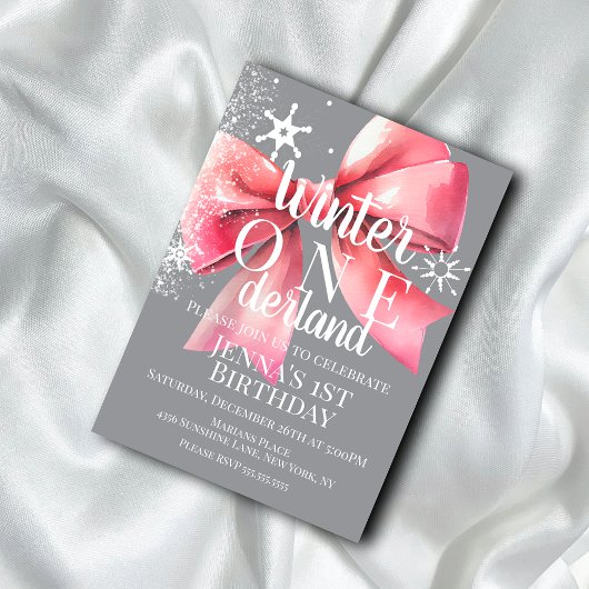 Invitation Pink Bow Snowflake Snow Script First Birthday B