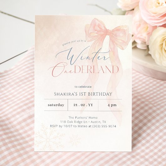 Invitation Pink Bow Snowflake Winter Onederland 1st Birthday