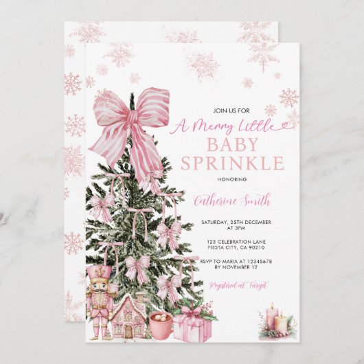 Invitation Pink Bow Snowflakes Nutcracker Baby Sprinkle (Devant / Derrière)