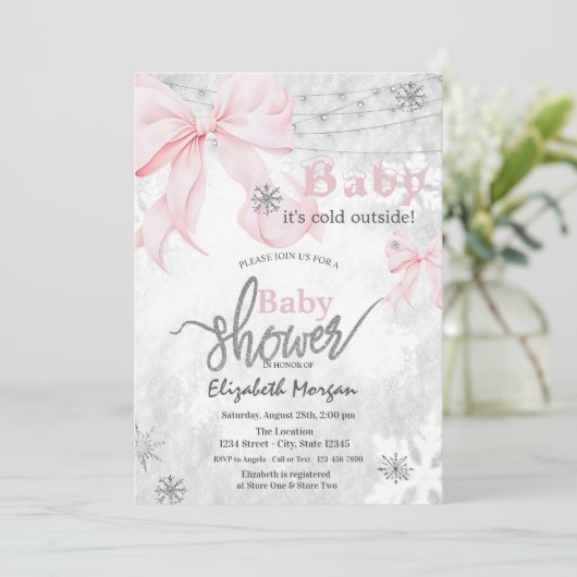 Invitation  Pink Bow Snowflakes String Lights Baby Shower (Debout devant)