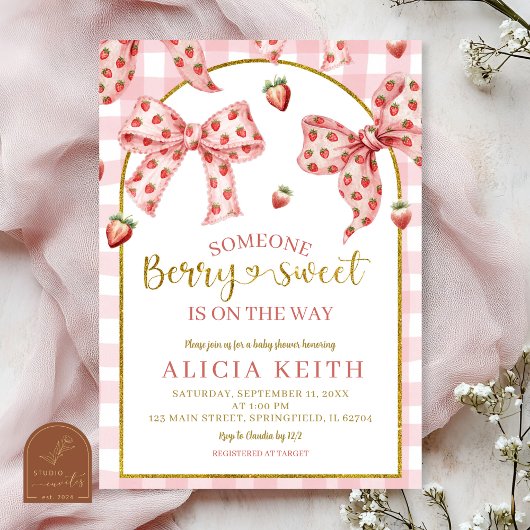 Invitation Pink Bow strawberry berry sweet baby shower