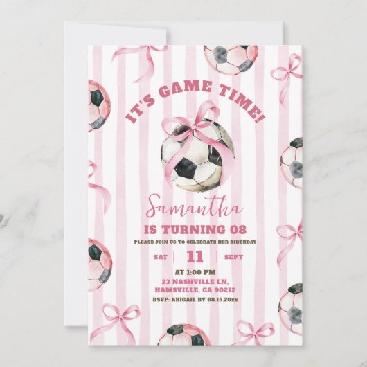 Invitation Pink Bow Stripes Girl Soccer Jeu Anniversaire (Devant)