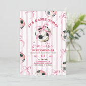 Invitation Pink Bow Stripes Girl Soccer Jeu Anniversaire (Debout devant)