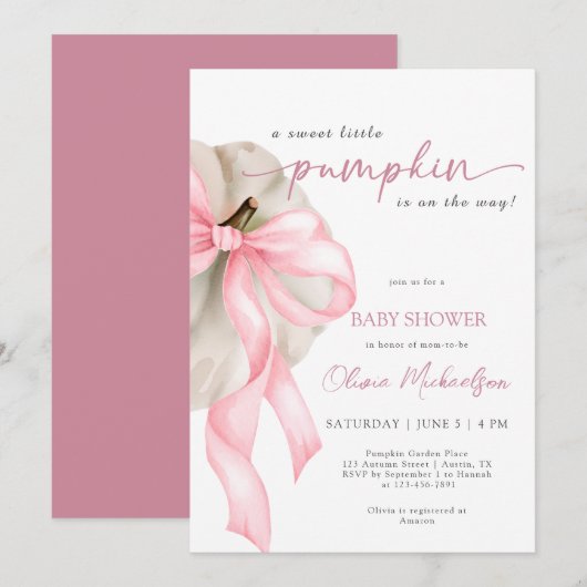 Invitation Pink Bow Sweet Petit Citrouille Baby shower Coquet (Devant / Derrière)