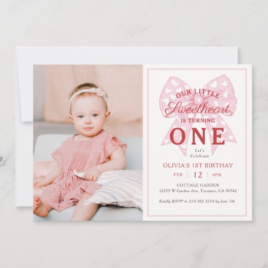 Invitation Pink Bow Sweetheart Est Une Fille 1er Anniversaire (Devant)