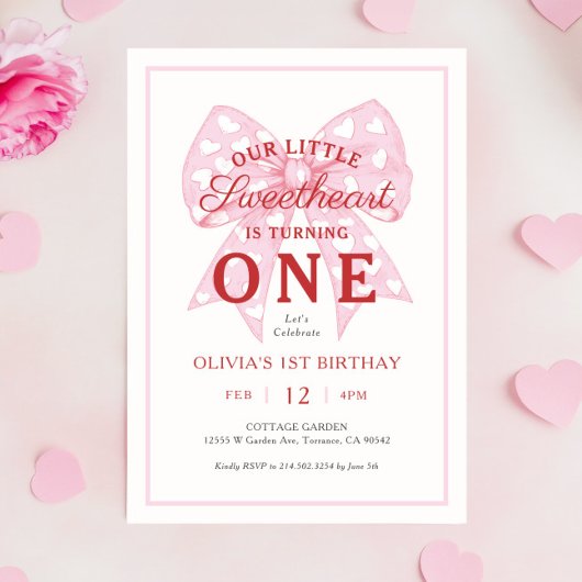 Invitation Pink Bow Sweetheart Est Une Fille 1er Anniversaire