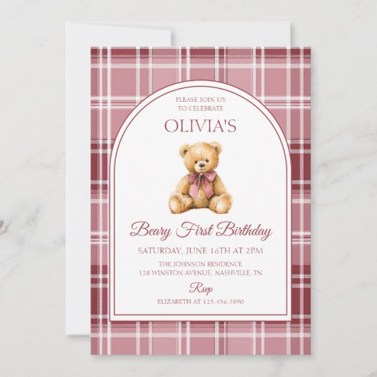 Invitation Pink Bow Teddy Bear Tartan Birthday (Devant)