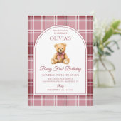 Invitation Pink Bow Teddy Bear Tartan Birthday (Debout devant)