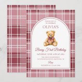 Invitation Pink Bow Teddy Bear Tartan Birthday (Devant / Derrière)
