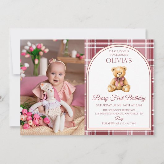 Invitation Pink Bow Teddy Bear Tartan Photo Birthday (Devant)