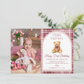 Invitation Pink Bow Teddy Bear Tartan Photo Birthday (Debout devant)