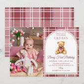 Invitation Pink Bow Teddy Bear Tartan Photo Birthday (Devant / Derrière)