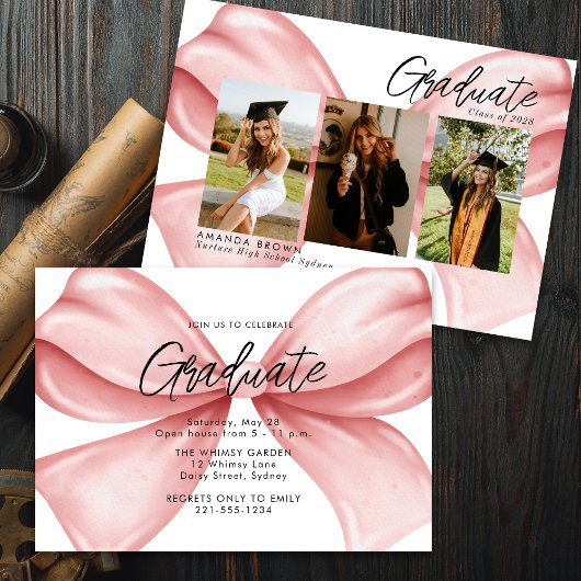 Invitation Pink Bow Three Photo Graduation 2025