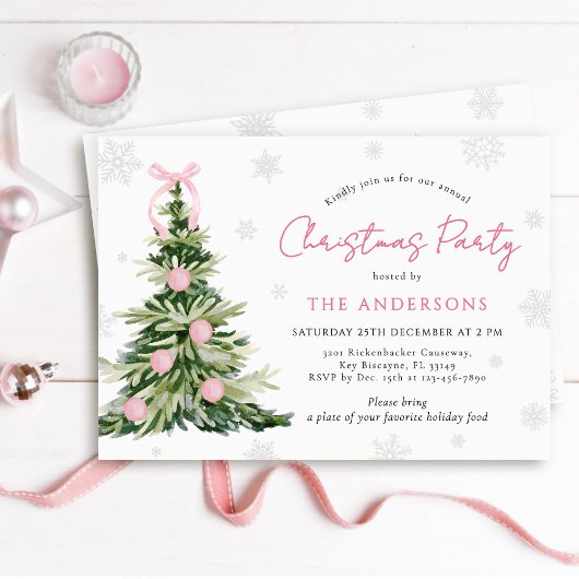Invitation Pink Bow Traditional Tree Christmas Party