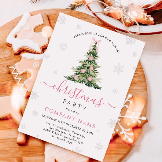 Invitation Pink Bow Traditional Tree Christmas Party