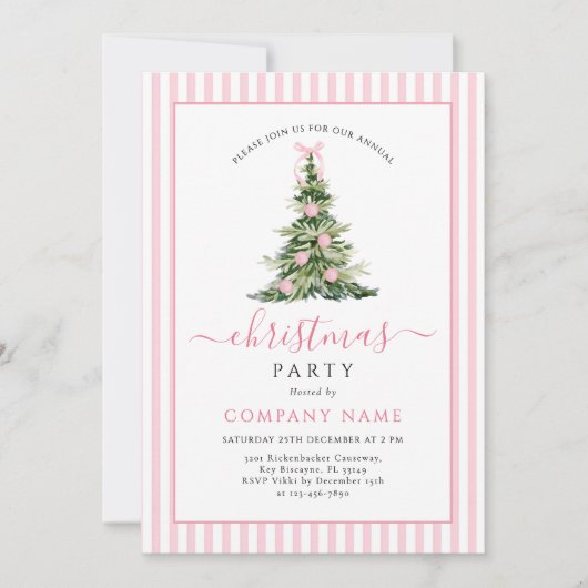 Invitation Pink Bow Traditional Tree Christmas Party (Devant)