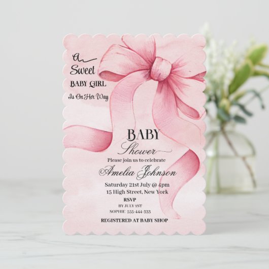 Invitation Pink Bow "Une Bébée Douce En Chemin" (Debout devant)