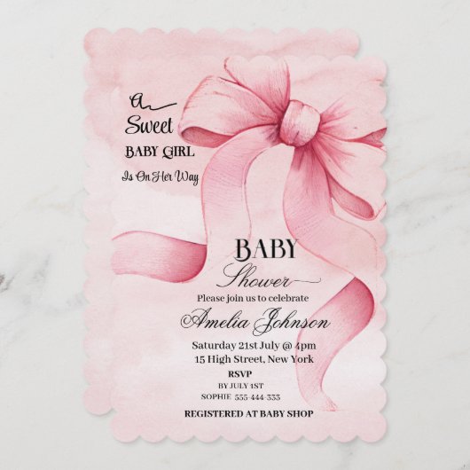 Invitation Pink Bow "Une Bébée Douce En Chemin" (Devant / Derrière)