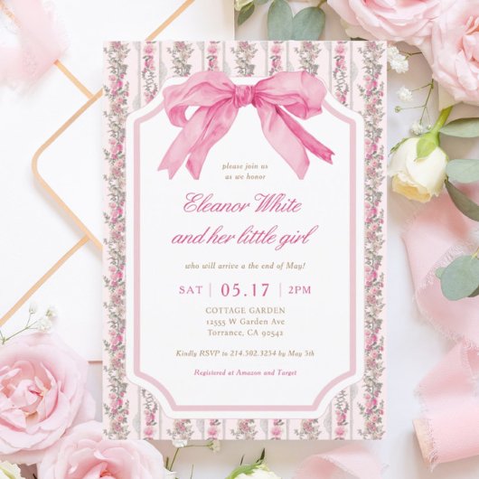 Invitation Pink Bow Vintage bébé baby shower fille