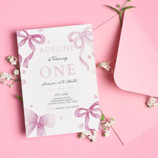 Invitation Pink Bow Watercolor Girl 1er anniversaire