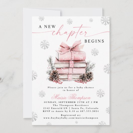 Invitation Pink Bow Winter Baby Shower A New Chapter Begins (Devant)