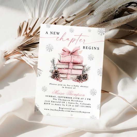 Invitation Pink Bow Winter Baby Shower A New Chapter Begins