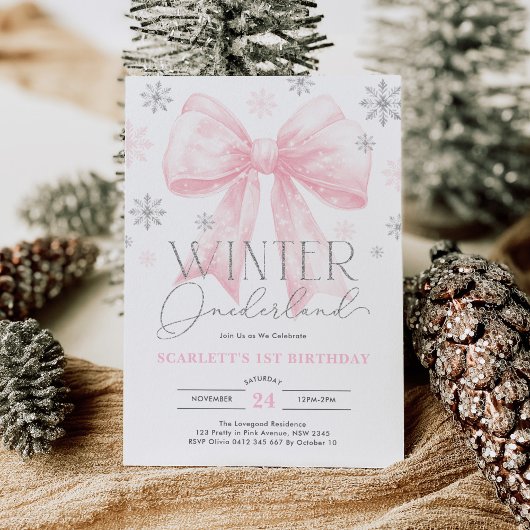 Invitation Pink Bow Winter Onederland 1ère fête d'anniversair