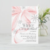 Invitation Pink Bow Winter Onederland 1st Birthday (Debout devant)