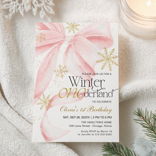 Invitation Pink Bow Winter Onederland 1st Birthday
