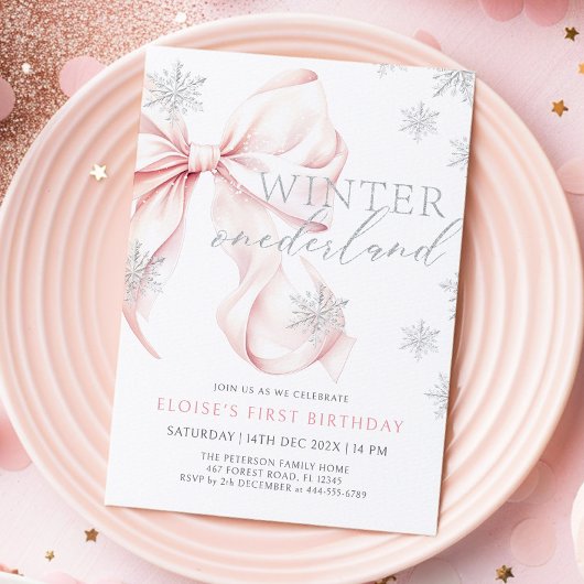 Invitation Pink Bow Winter Onederland Parties scintillant 1er