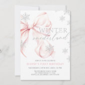 Invitation Pink Bow Winter Onederland Parties scintillant 1er (Devant)