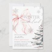Invitation Pink Bow Winter Onerderland Girl 1er anniversaire (Devant)