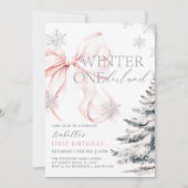 Invitation Pink Bow Winter Onerderland Girl 1er anniversaire (Devant)