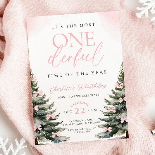 Invitation Pink Bow Winter Onerderland Girl 1er anniversaire