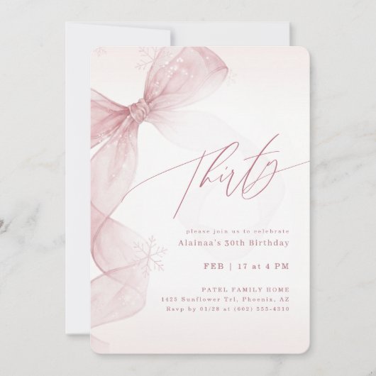 Invitation Pink Bow Winter Thirty Birthday Girl Party (Devant)